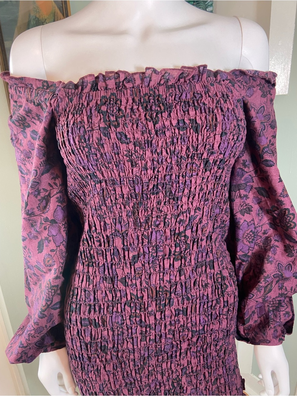 Free People Smock It Too Me Smocked Mini Dress Balloon Sleeves Bodycon Small S - Picture 6 of 14